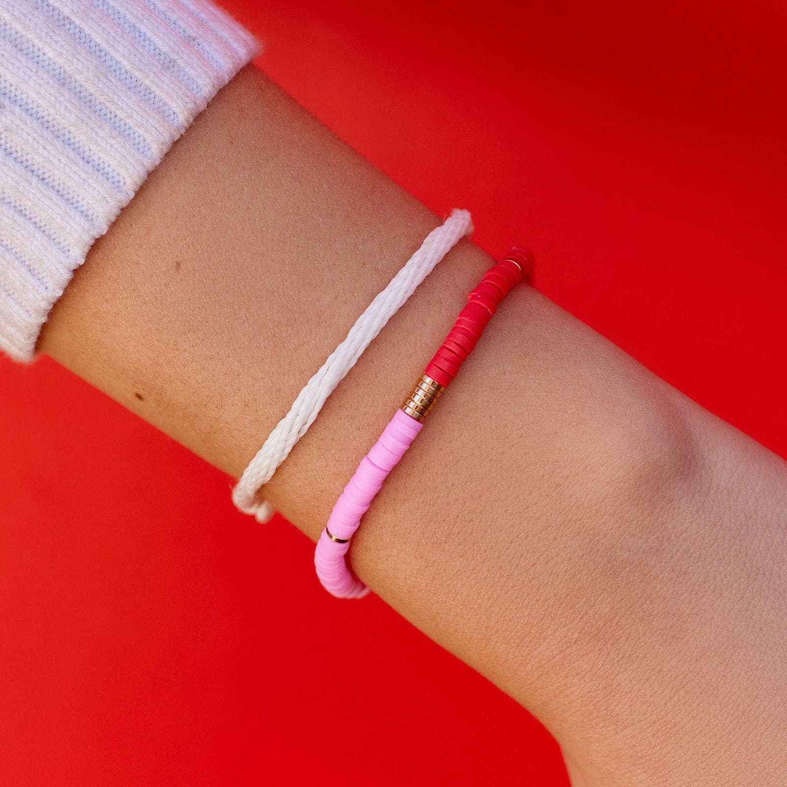 Pink and Red Vinyl Disc Bead Stretch Bracelet Set - Image 3